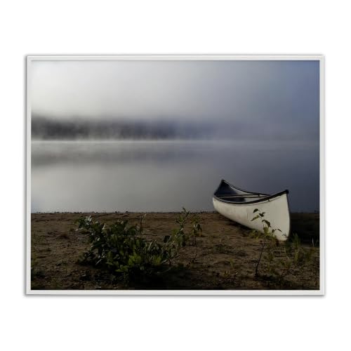 'Lone Canoe Tranquil Foggy Lake Beach Weather'| Framed Giclee Art