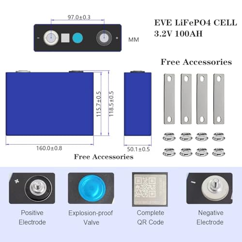 Image of EVE LiFePO4 Cell 3.2V 100Ah Grade A Deep Cycle Battery Lithium Iron Phosphate Rechargeable Battery Max.Continous Discharge 100A /1C,Included M6 Nuts and Bus Bars