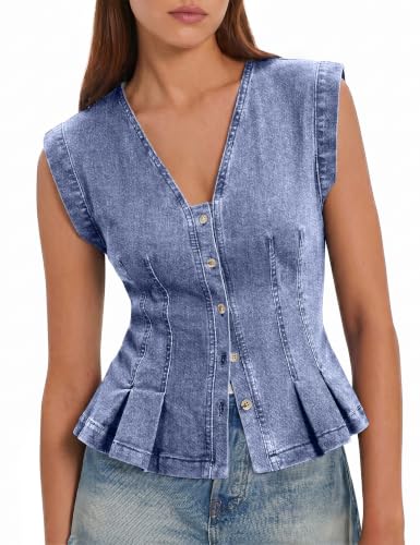 Chicovar - Chicovar Women's Denim Vest Top - V Neck Ruffle Cap Sleeve Button Down Jean Peplum Outerwear, Light Blue L - Best Deal on Amazon