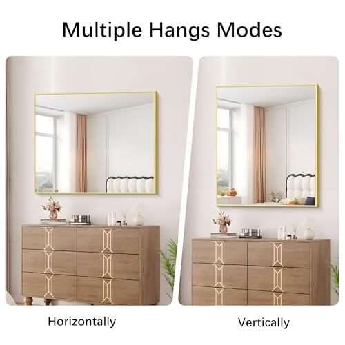 Image of COFENY Gold Bathroom Mirror for Wall, 30x36 Inch Rectangle with Metal Frame, Modern Vanity for Bathroom Living Room, Entryway Hangs Horizontal or Vertical