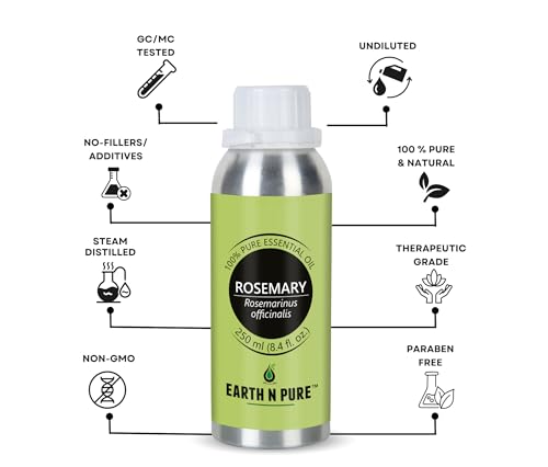 Image of Earth N Pure Rosemary Essential Oil | 100% Pure, Natural & Undiluted | Steam Distilled Rosemary Oil for Hair, Scalp, Skin, Aromatherapy & Diffuser | Vegan & Cruelty-Free | 250ml