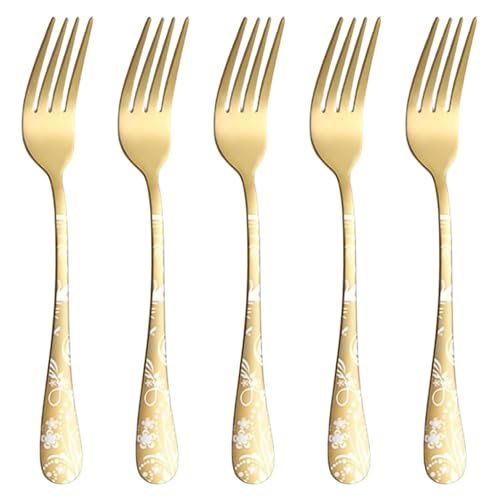 Image of 8.1 inch Aurum Gold Dinner Forks with Floral Printed Handle | 5-Piece Premium Stainless Steel Flatware Set | Elegant Dishwasher-Safe Cutlery for Home, Restaurants, and Gift Giving
