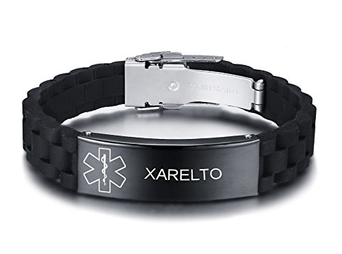 VNOX Personalizado Personalizar Grabado Acero Inoxidable Pulsera de Alerta Médica Pulsera Médica de Silicona Negra para Hombres Mujeres,18-22.5cm Ajustable.