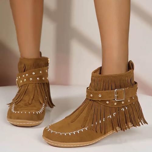 Fringe Boots for Women Western Cowgirl Ankle Boots Suede Round Toe Flats Pull On Short Boots with Tassels Retro Winter Low Heel Ankle Booties2