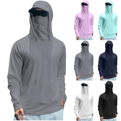 Hooded Sun Shirts for Men Long Sleeve UV Protection UPF 50 Fishing Hoodie With Mask Summer Cooling Hiking Rash Guard
