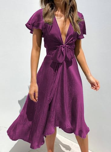Image of miduo Womens Satin V Neck Ruffle Short Sleeve Tie Front High Waist Midi A-Line Maxi Dresses