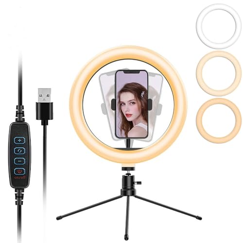 LED Dimmable Desk Makeup Ring Light 10 in with Tripod Stand & Phone Holder for Live Streaming & YouTube Video,Photography, Shooting with 3 Light Modes & 10 Brightness Level
