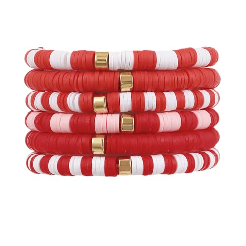 COLORFUL BLING 6Pcs/Set Bohemia Heishi Clay Surfer Bead Stretch Bracelets Vinyl Disc Polymer Stackable Layering Bracelet Set Preppy Summer Beach Jewelry for Women