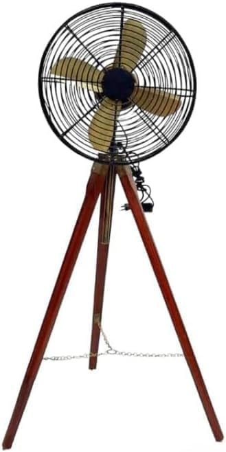 Nautical Handmade Black Antique Floor Fan – Adjustable Wooden Tripod Stand — Vintage Style Home and Office Décor.