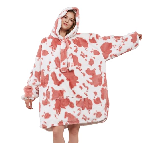 Viviland Blanket Hoodie Oversized Sweatshirt Super Soft Warm Comfortable Giant Pullover with Large Front Pocket Gifts for Women Men Teenagers Pink Cow Print