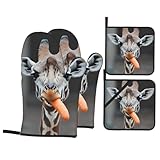 Juego de 4 piezas de jirafa comiendo zanahorias para cocina: guantes antideslizantes para horno/parrilla/tapa de olla