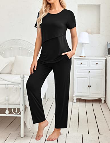 Ekouaer Breastfeeding Pajamas For Women Elastic Waistband Maternity Double Layered Short Sleeve Top & Shorts Postpartum Pjs Set Black S #TOP2