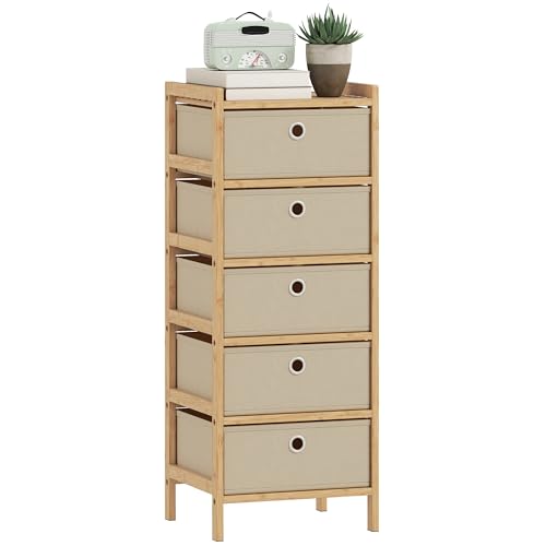HOMCOM Cómoda con 5 Cajones de Tela, Cómoda para Dormitorio de Bambú, Cajonera para Espacios Pequeños, Salón, Oficina, Vestidor, Crema y Natural