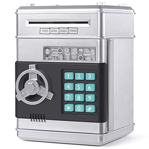 KMiKE Electronic Piggy Bank for Kids Cash Coin Cartoon ATM Money Saver Coin Bank for Kids with Password Great Gift Toy for Kids Children (Silver)