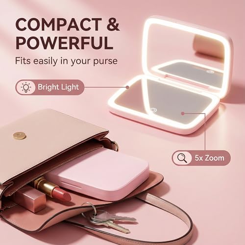 Miroir de maquillage LED rose x5 rechargeable portable rectangulaire