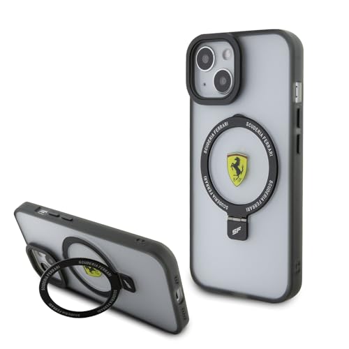 Ferrari Coque de téléphone compatible avec Magsafe iPhone 15" contour noir transparent avec anneau de support en métal, PC/TPU anti-rayures, coque rigide durable avec ports accessibles, absorption des