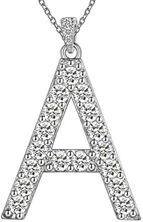 925 Sterling Silver Cubic Zirconia Pave Bling Initial Letter Necklace for Women Mens Capital Letter Pendant Necklace Adjustable Chain Alpabet A - Z Personalized Initial Jewellery Gift for Mom Wife Friends Birthday Christmas Gift