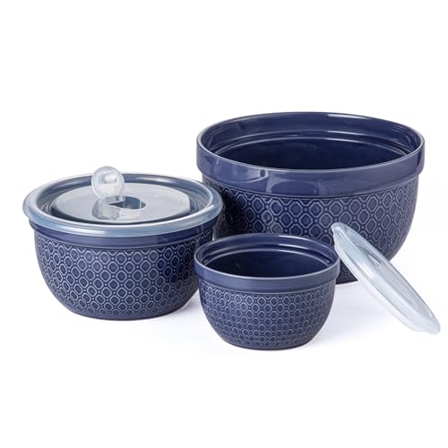 POITONRU Ceramic Mixing Bowls 3-Piece: Nesting Ceramic Bowls with Lids - Microwave Safe for Kitchen Baking and Serving - Ideal for Home Bakers (Navy)