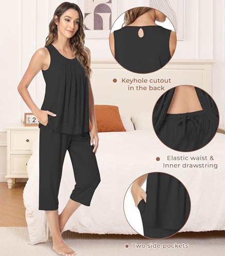 Image of NACHILA Pajamas for Women-Viscose Made from Bamboo, Sleeveless Pjs Tank Top Capri Pants Pajama Sets Cooling Sleepwear