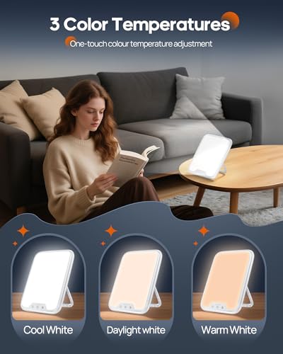AJVV Tageslichtlampe, 10000 Lux Lichttherapielampe für Depressionen, Sonnenlicht Lampe mit 3 Farbtemperaturen, Stufenlose Helligkeit, 4 Timer Einstellung, LED-Technologie Sunlight Lamp für Gute Laune