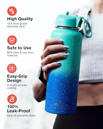 Image of Coolflask 40 oz Water Bottle Insulated with Straw & 3 Leakproof Lids