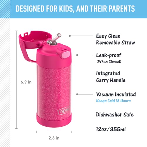 Image of THERMOS FUNTAINER 12 Ounce Stainless Steel Vacuum Insulated Kids Straw Bottle, Pink Glitter