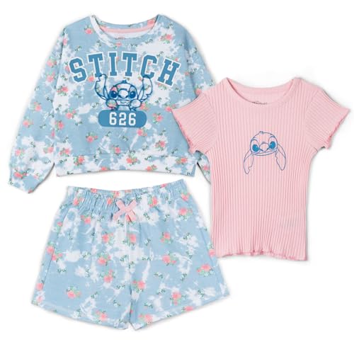 Disney Lilo & Stitch Big Girls French Terry Drop Shoulder Sweatshirt, T-Shirt & Shorts 3 Piece Outfit Set Tie Dye 10-12