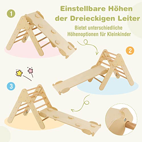 Foto von COSTWAY 4 in 1 Kletterdreieck & Kletterbogen & Leiter & Rutsche, Klettergerüst mit doppelseitigen Rampe, Sprossendreieck zum Klettern, Rutschen und Wippen, für Kleinkinder ab 1 Jahre Natur