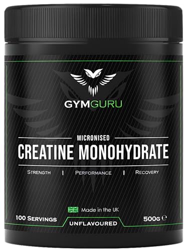 Gym Guru® Creatine Monohydrate Powder Unflavoured (UK Made) - 500g (100 Servings) - 100% Pure Micronised Easy Dissolve - Vegan Gym Supplement for Men & Women - Muscle Growth, Strength & Performance