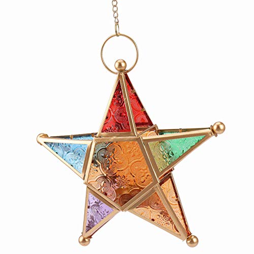 Lanterne d'eclairage suspendue etoile et bougeoir en verre multicolore pour jardin - 5