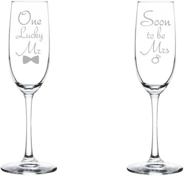 Set of 2 Glass Champagne Flutes Sparkling Wine Glasses Soon To Be lucky Mr Mrs Bride And Groom Wedding Toasting Engagement (8 oz Stemmed)