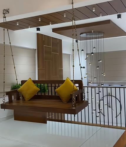 Image of Wooden Jhula Swing for Living Room | Hanging Balcony Swing Chair | Solid Wood 2-Seater Jhoola for Living Room, Balcony & Terrace | Ceiling Mounted Swing for Home Decor