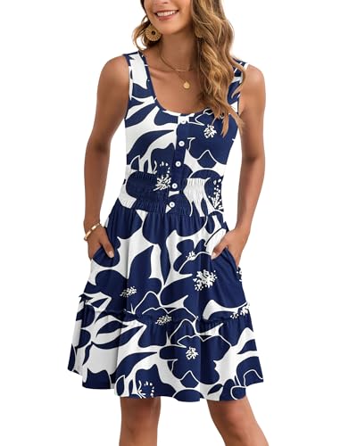 Image of AUSELILY Women Summer Dress Sleeveless Tank Button Down Dresses | Tank button down dress, Empire waist smocked, Casual beach vacation summer dresses with pockets