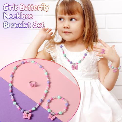 Girls Colorful Butterfly Jewelry Set - Toddler Butterfly Necklace Girls Pretend Plasy Toy Jewelry Box Set with Bead Necklace, Bracelet and Ring - Play Accessories - Ages 3+ Girl Birthday Gifts-Style 2
