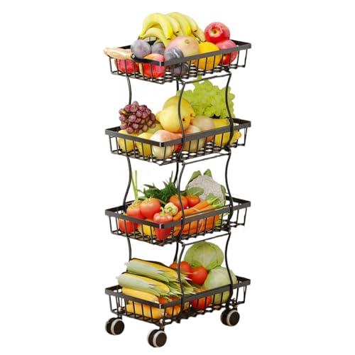 Corbeille à fruits pour cuisine, support de chariot en fil métallique mince avec poignée en bois et roulettes, étagère empilable pour le rangement des légumes, peut également être utilisée dans le sal