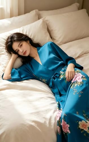 Image of Women's Classic 100% Silk Kimono Robe, Bathrobe-Printed Pattern