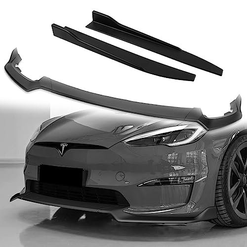 Q1-TECH, 5-Piece Front Bumper Lip + Side Skirt Rocker Winglet Canard Diffuser Wing Compatible with Tesla Model S 2021 2022 2023 2024 2025, Front Bumper Lip Spoiler Splitter ABS (Matt Black)