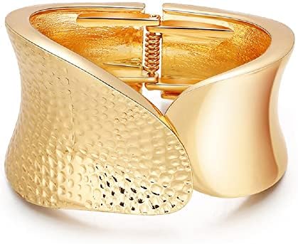 Fuqimanman2020 Chunky Gold Tone Wide-Edge Metal Cuff Bracelet Bangle Wrist Cuffs Grooved Polished Opening Wrap Hinge for Women Girls Minimalist Polished Frosted Irregular Punk Statement Jewelry-C
