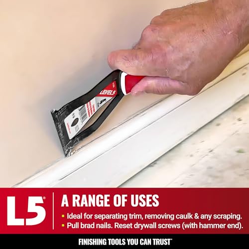 Image of LEVEL5 4 inch Trim Puller & Multi-Tool | Baseboard and Trim Removal, Caulk Removal, Scraping, Pulling Brad Nails | Metal Hammer End & Soft-Grip Handle | 5-203