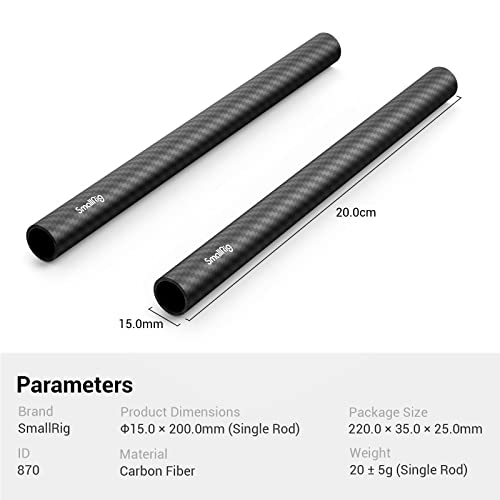 Image of SMALLRIG 15mm Carbon Fiber Rod for Camera Shoulder Rig, 20cm 8 inch, Pack of 2-870