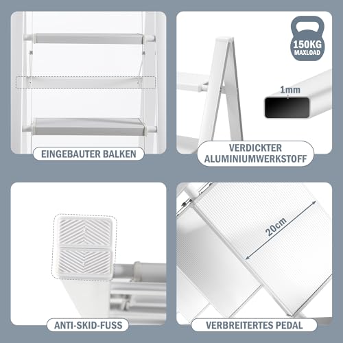 Trittleiter mit 4 Stufen aus Aluminium, klappbar und rutschfest