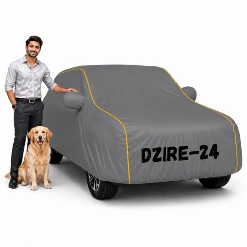 Image of Waterproof Car Cover for Dzire 2017-24 | Soft Cotton Lining Heavy Duty Triple Stitched Heat Resistant Outdoor Cover Comes with Mirror and Antenna Pocket Full Bottom Elastic (Zig Zag Grey)