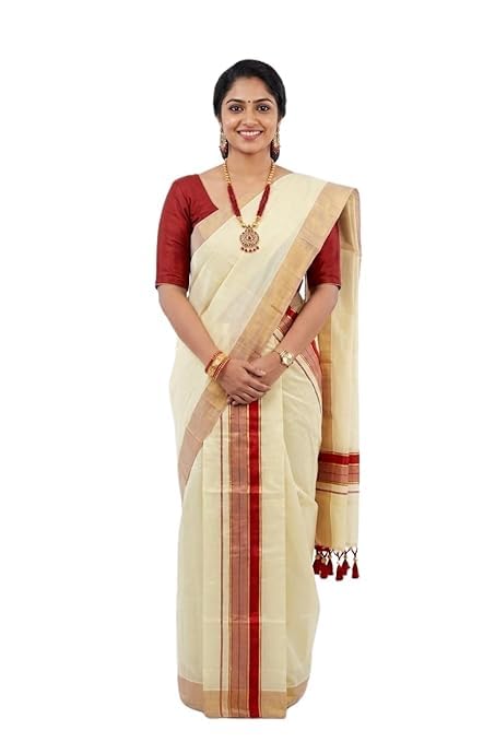 Women's Maroon Tissue Settu Mundu with Golden Striped Border & Tassel Work-image-17