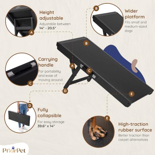 Image of Dog Ramp for Couch - Non-Slip, Sturdy Build Foldable Wooden Dog Ramp - Supports up to 200 lbs - 7 Adjustable Heights (14 inch - 20.5 inch) - Enhanced Stability - Birchwood Pet Ramp for Small Dogs - Black