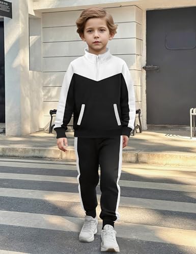 Boys Clothes Solid Color Block Kid Boys' Clothing Sets Stand Collar Half-Zip Sweatsuit 2pcs Outfits with Pocket 6-12y