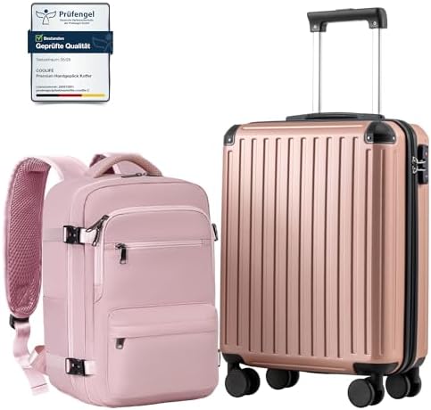 COOLIFE Ryanair Kabinenkoffer-Set 2tlg - 55x40x20+40x30x20 cm EasyJet TSA | PC+ABS Handgepäck Koffer,4 Doppelrollen, Handgepäck Rucksack, Laptopfach–für Priority-Boarding, Städtetr
