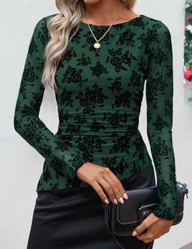 Image of ZESICA Womens Floral Long Sleeve Shirts 2026 Spring Boat Neck Mesh Ruched Tops Fitted Asymmetrical Going Out Blouses