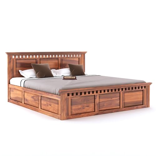 Image of SONA ART & CRAFTS Kuber Solid Sheesham Wood Bedroom Set | King Size Bed with Box Storage, Wardrobe & Two Bedside Tables - Natural Finish (Assembly Included)
