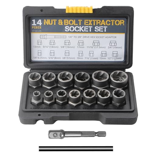 Conjunto de 15 piezas para quitar tuercas: juego de extractores de tornillos con 13 extractores de tuercas y adaptador hexagonal para quitar tornillos, pernos y tuercas oxidados y dañados para