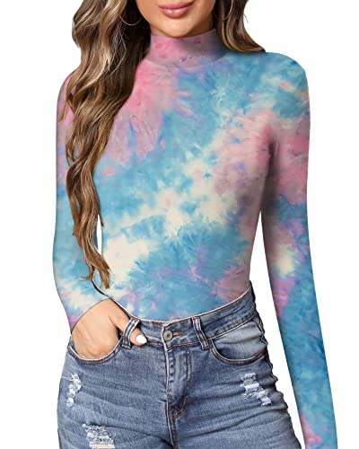 Image of MANGOPOP Women's Mock Turtle Neck Slim Fit Long Sleeve T Shirt Tunic Tops Tee (A1 Tie-dye (20034-9), Large)